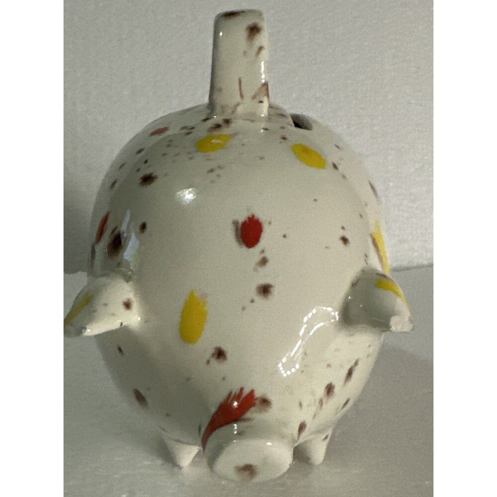 Vintage Ceramic Piggy Bank Coin Splatter Drip Glaze Red, Yellow Cream 1970s - Picture 2 of 9